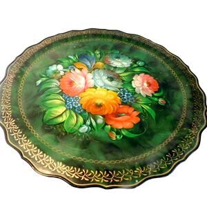 Vintage Zhostovo Russian Floral Metal Platter Tray Hand Painted Signed READ